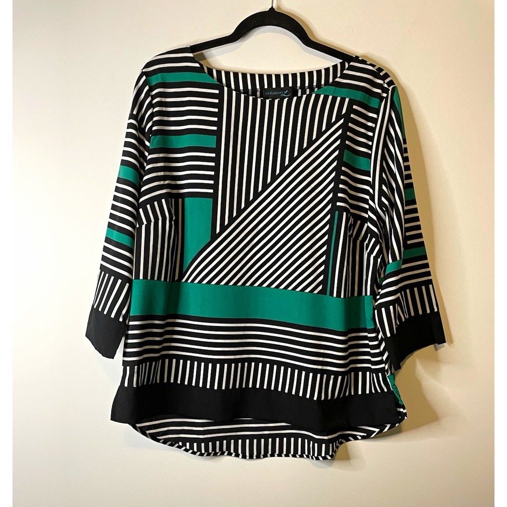 Creation L Blouse Womens 12 Black Green White Geometric Stripe Career 3/4 Sleeve